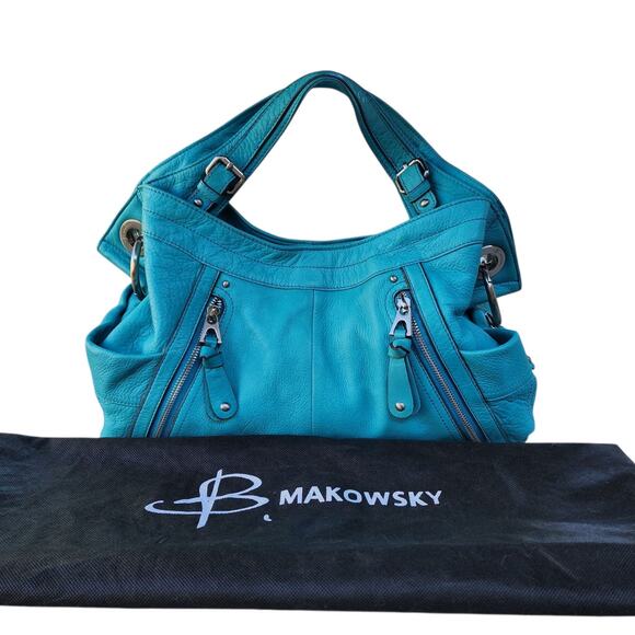 B. Makowsky Turquoise Leather Slouchy Hobo Shoulder Bag - Picture 1 of 11